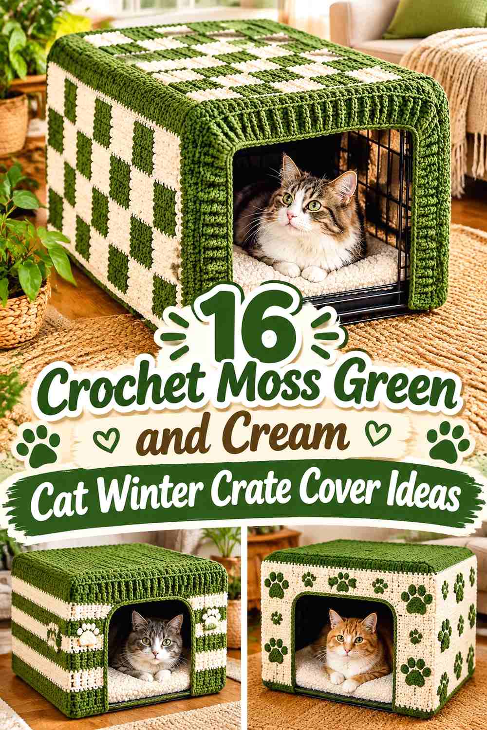 Moss Green Crochet Cat Winter Crate Cover With Cream Border