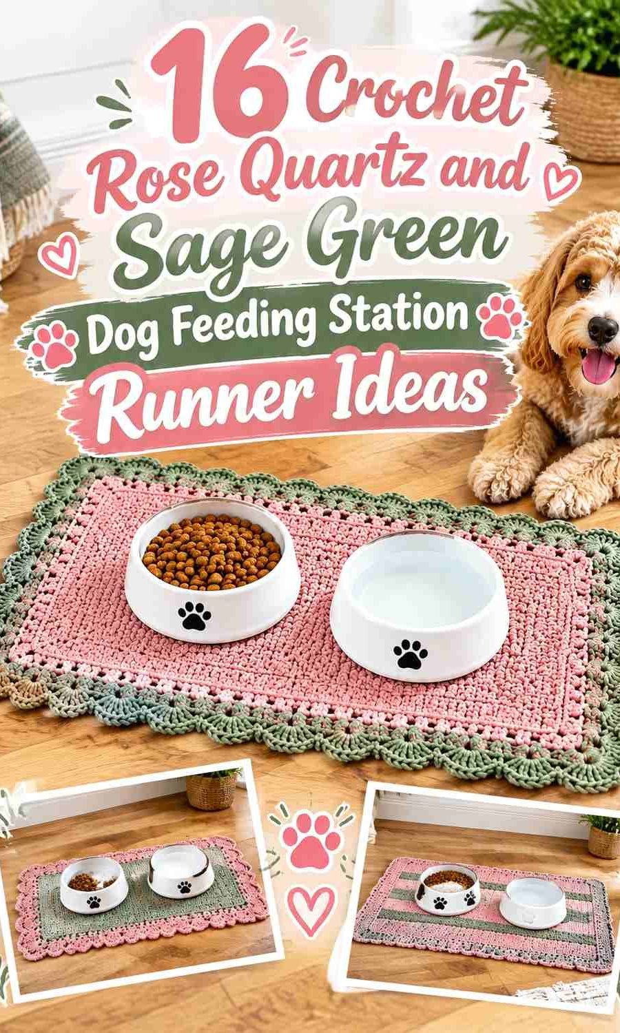 Crochet Rose Quartz and Sage Green Dog Feeding Station Runner Ideas