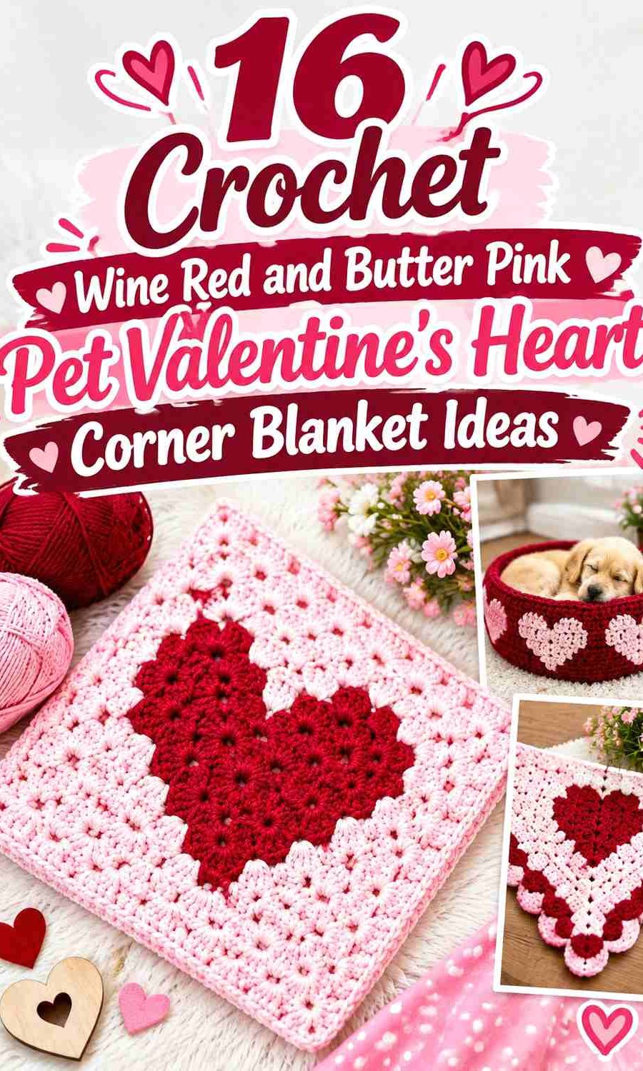 Crochet Wine Red and Butter Pink Pet Valentine's Heart Corner Blanket Ideas
