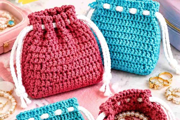 Currant Red & Cloud Blue Crochet Jewelry Travel Pouch Ideas