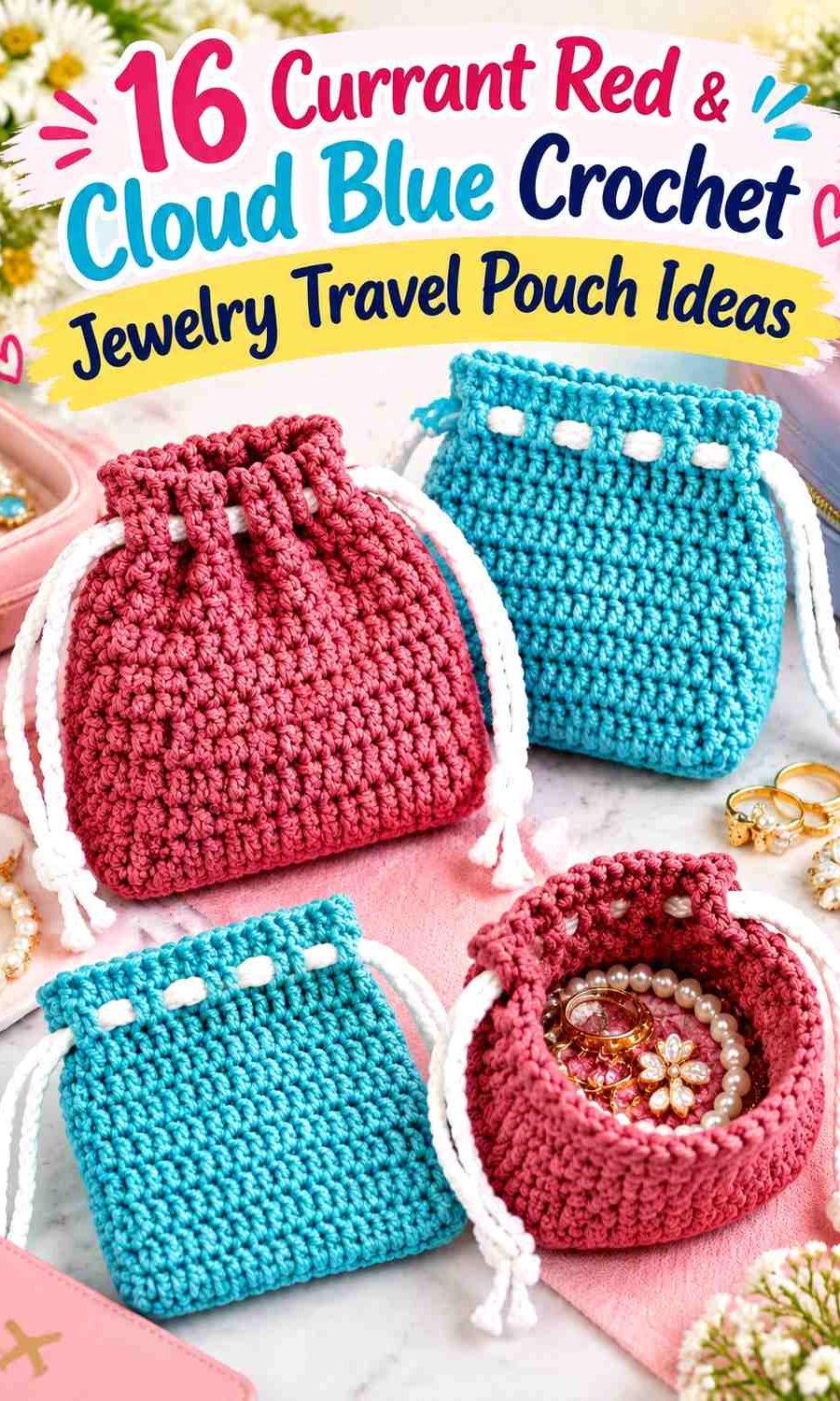 Currant Red & Cloud Blue Crochet Jewelry Travel Pouch Ideas