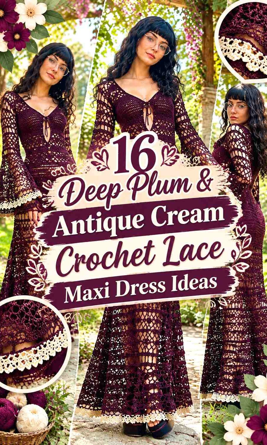 Deep Plum & Antique Cream Crochet Lace Maxi Dress Ideas