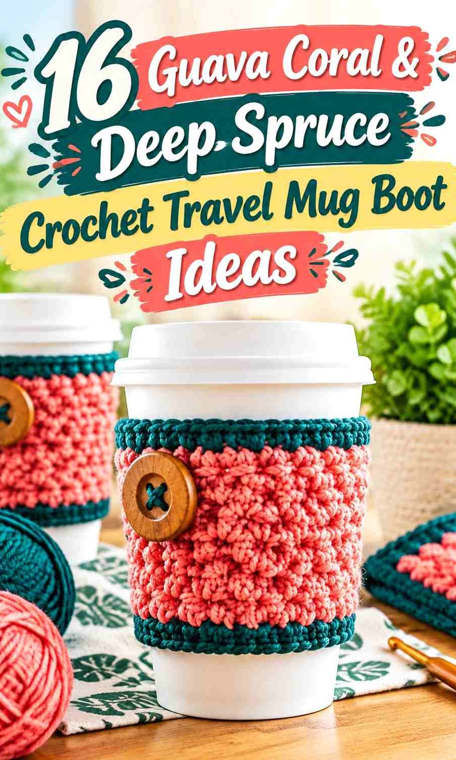 Guava Coral & Deep Spruce Crochet Travel Mug Boot Ideas