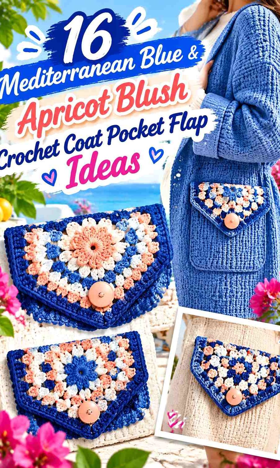 Mediterranean Blue & Apricot Blush Crochet Coat Pocket Flap Ideas