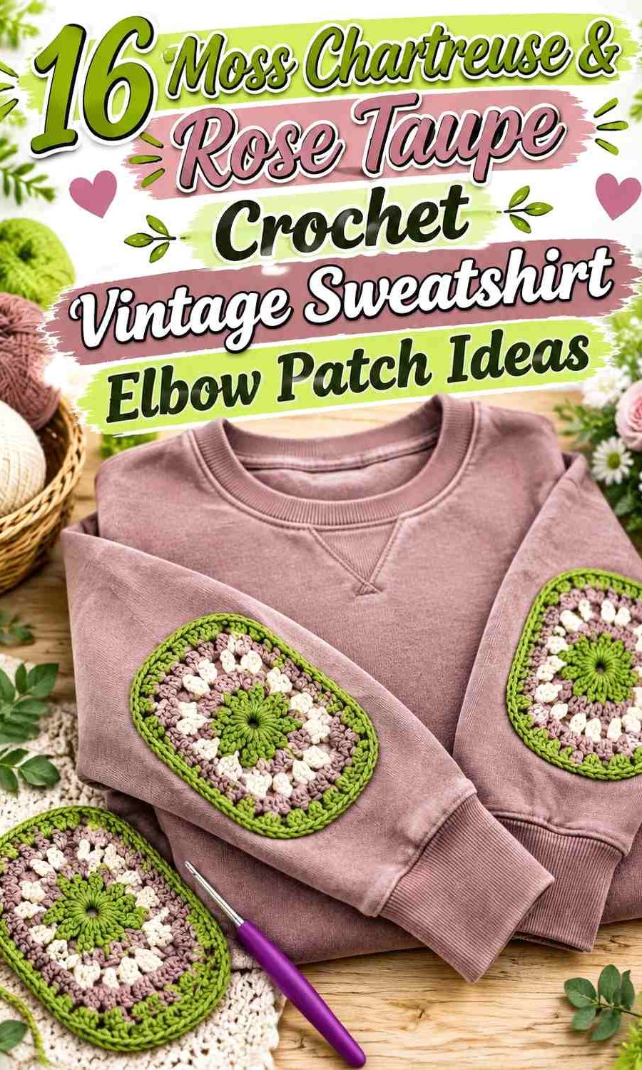 Moss Chartreuse & Rose Taupe Crochet Vintage Sweatshirt Elbow Patch Ideas