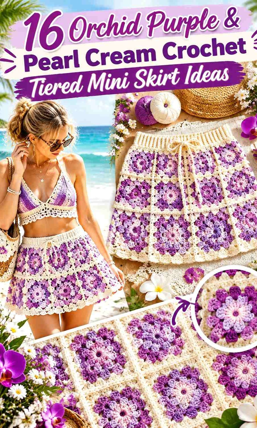 Orchid Purple & Pearl Cream Crochet Tiered Mini Skirt Ideas