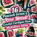 Peacock Green & Rose Biscuit Crochet Cardigan Hem Medallion Ideas