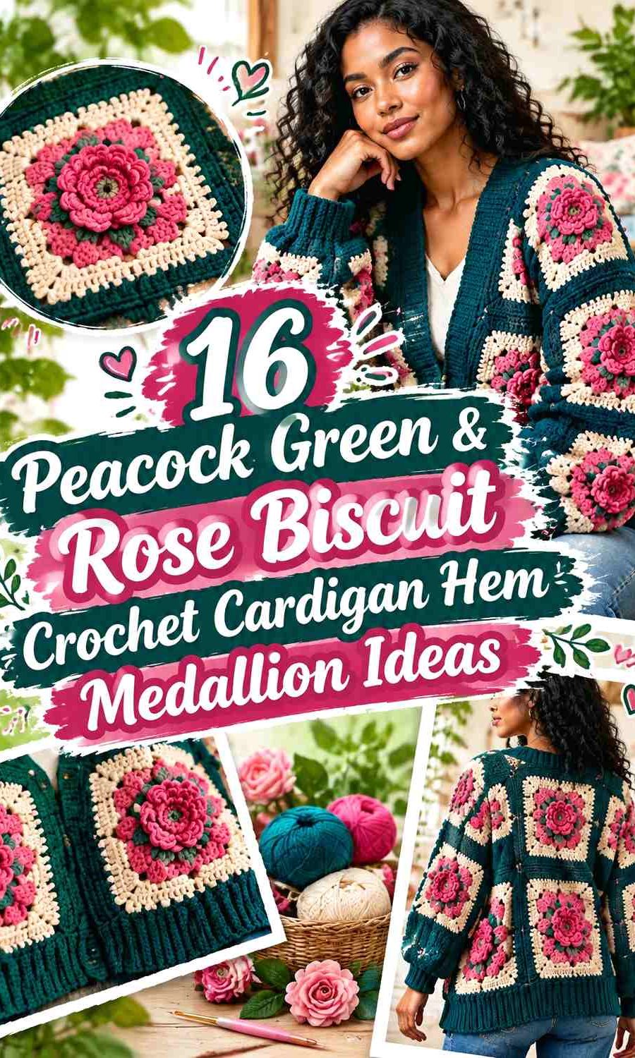 Peacock Green & Rose Biscuit Crochet Cardigan Hem Medallion Ideas