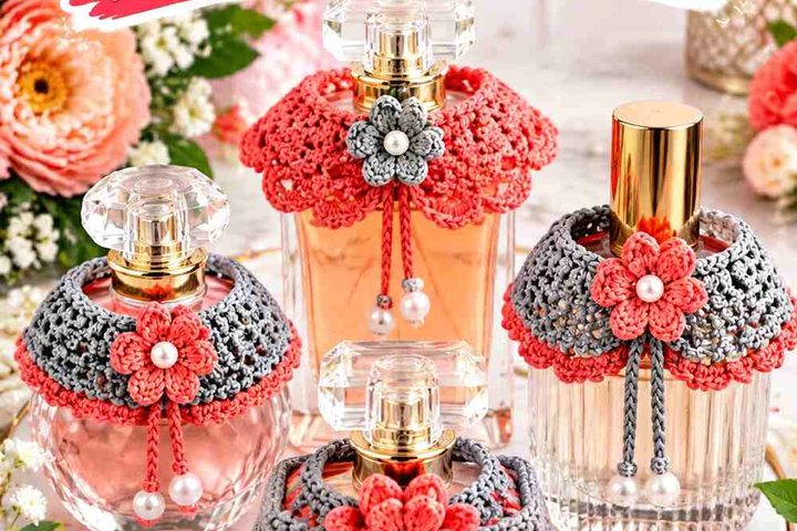 16 Poppy Coral & Pebble Gray Crochet Perfume Bottle Collar Ideas