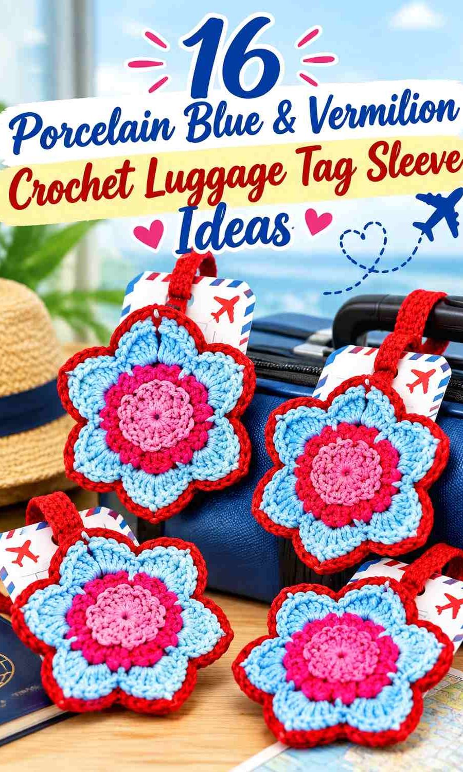 Porcelain Blue & Vermilion Crochet Luggage Tag Sleeve Ideas