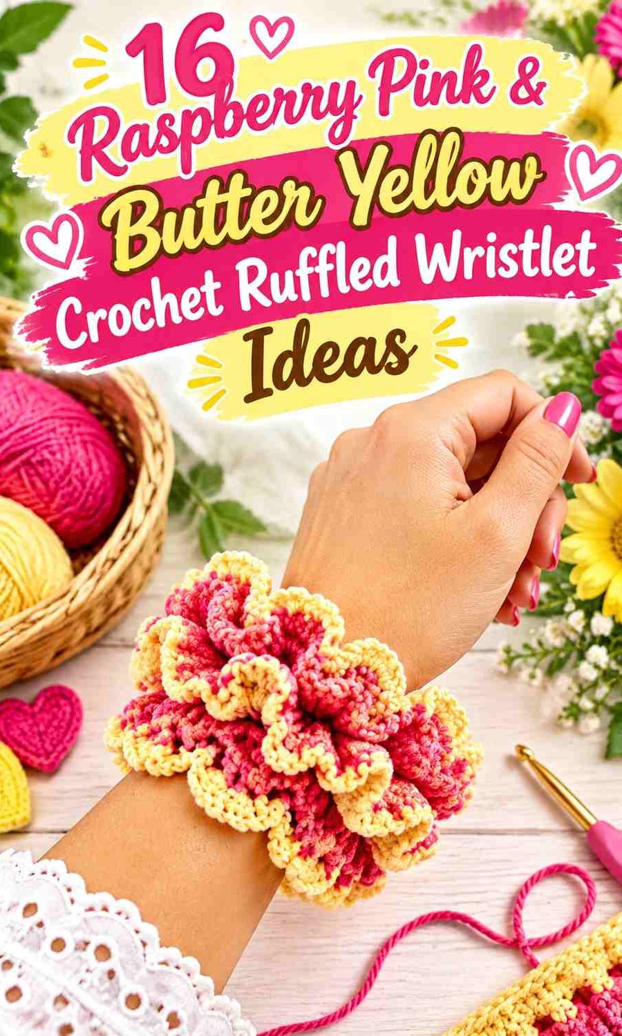 Raspberry Pink & Butter Yellow Crochet Ruffled Wristlet Ideas