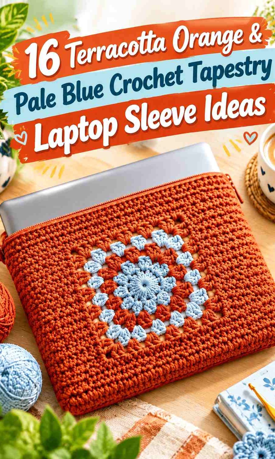 Terracotta Orange & Pale Blue Crochet Tapestry Laptop Sleeve Ideas