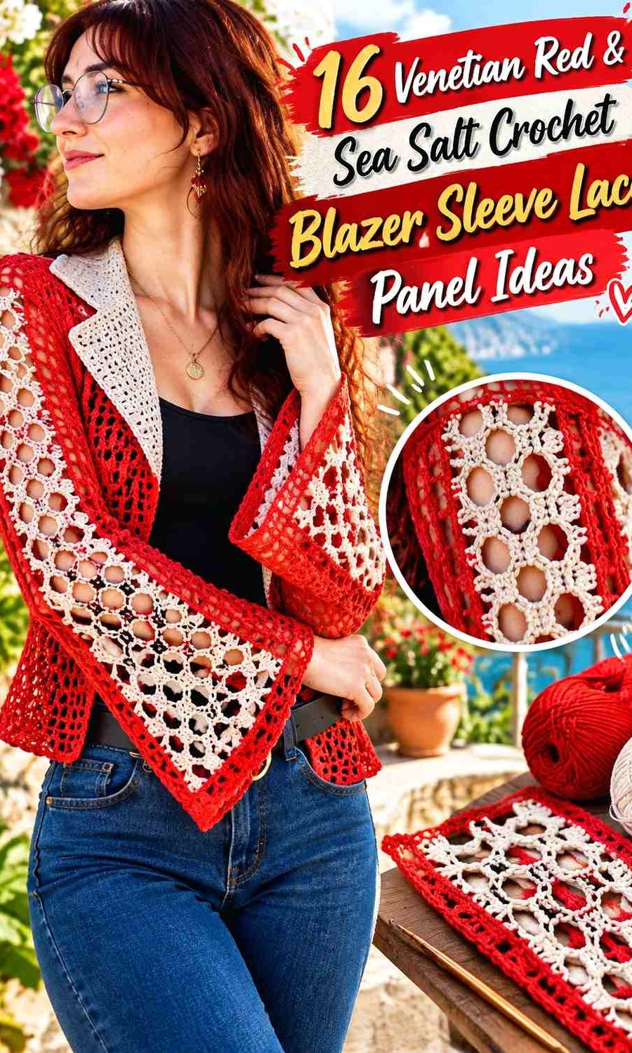 Venetian Red & Sea Salt Crochet Blazer Sleeve Lace Panel Ideas