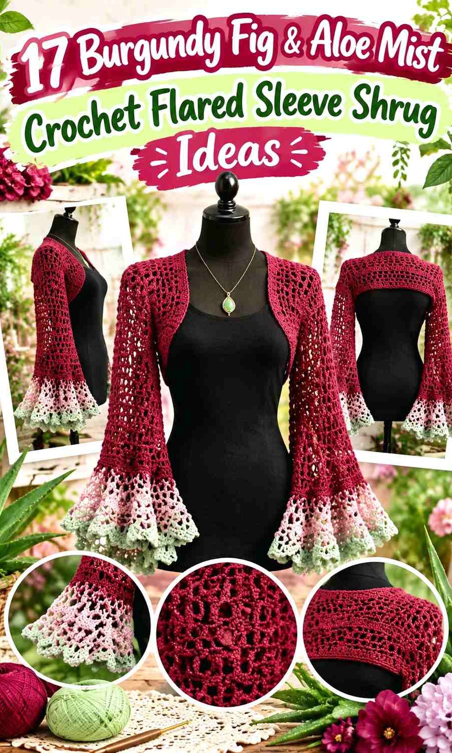 Burgundy Fig & Aloe Mist Crochet Flared Sleeve Shrug Ideas