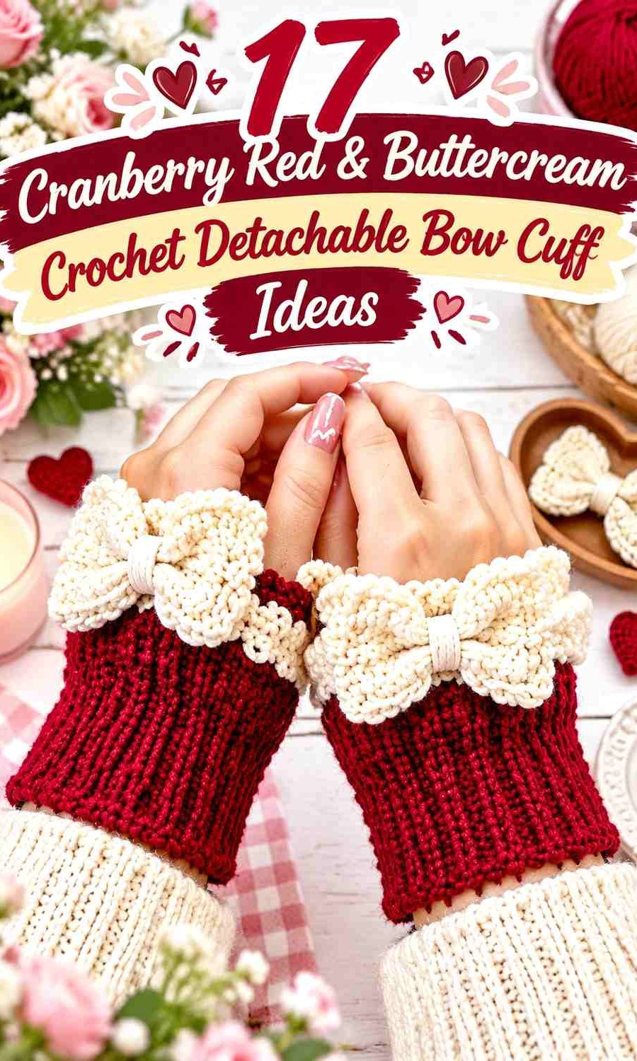 Cranberry Red & Buttercream Crochet Detachable Bow Cuff Ideas