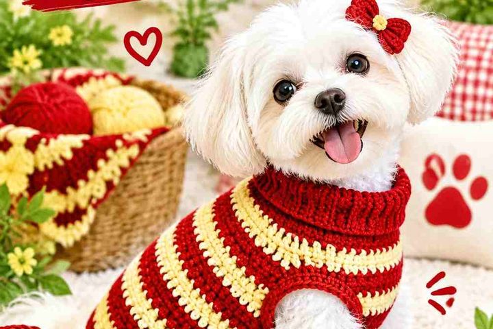 Crochet Cherry Red and Butter Yellow Dog Striped Jumper Ideas