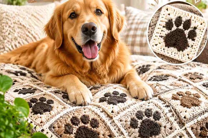 Crochet Paw Print Pet Blanket Ideas in Neutral Colors