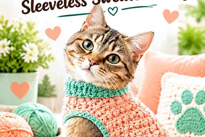 Crochet Peach and Mint Green Cat Sleeveless Sweater Ideas