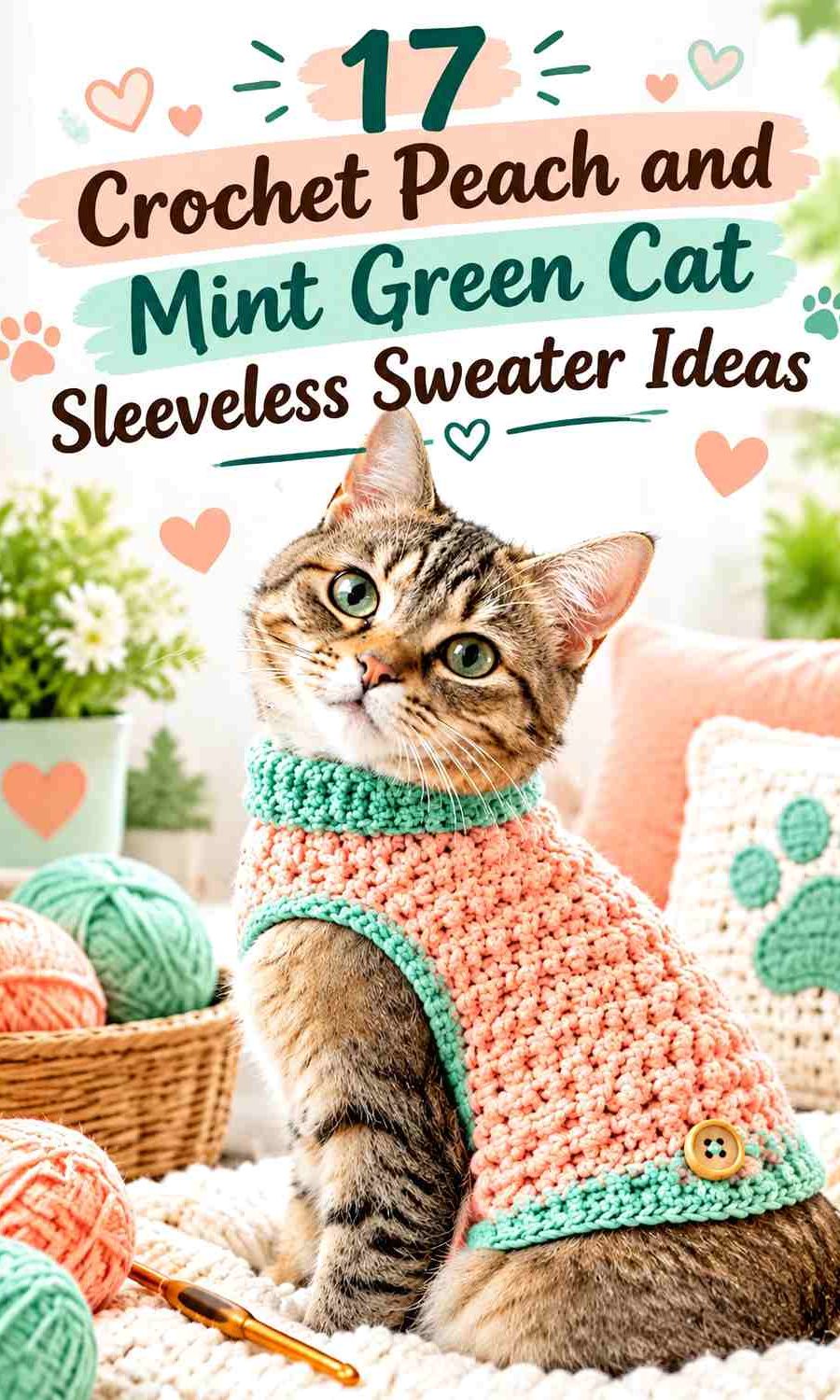 Crochet Peach and Mint Green Cat Sleeveless Sweater Ideas