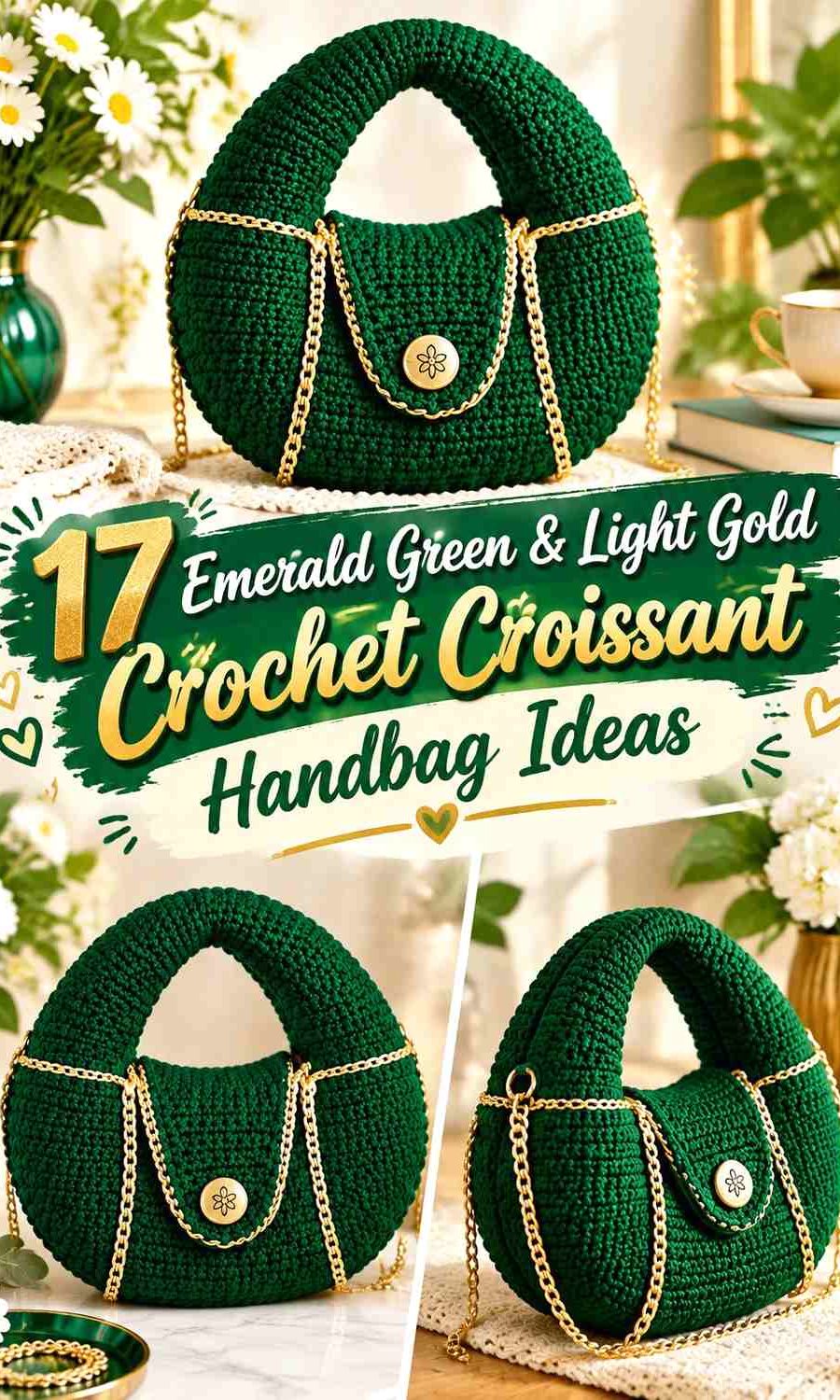 Emerald Green & Light Gold Crochet Croissant Handbag Ideas