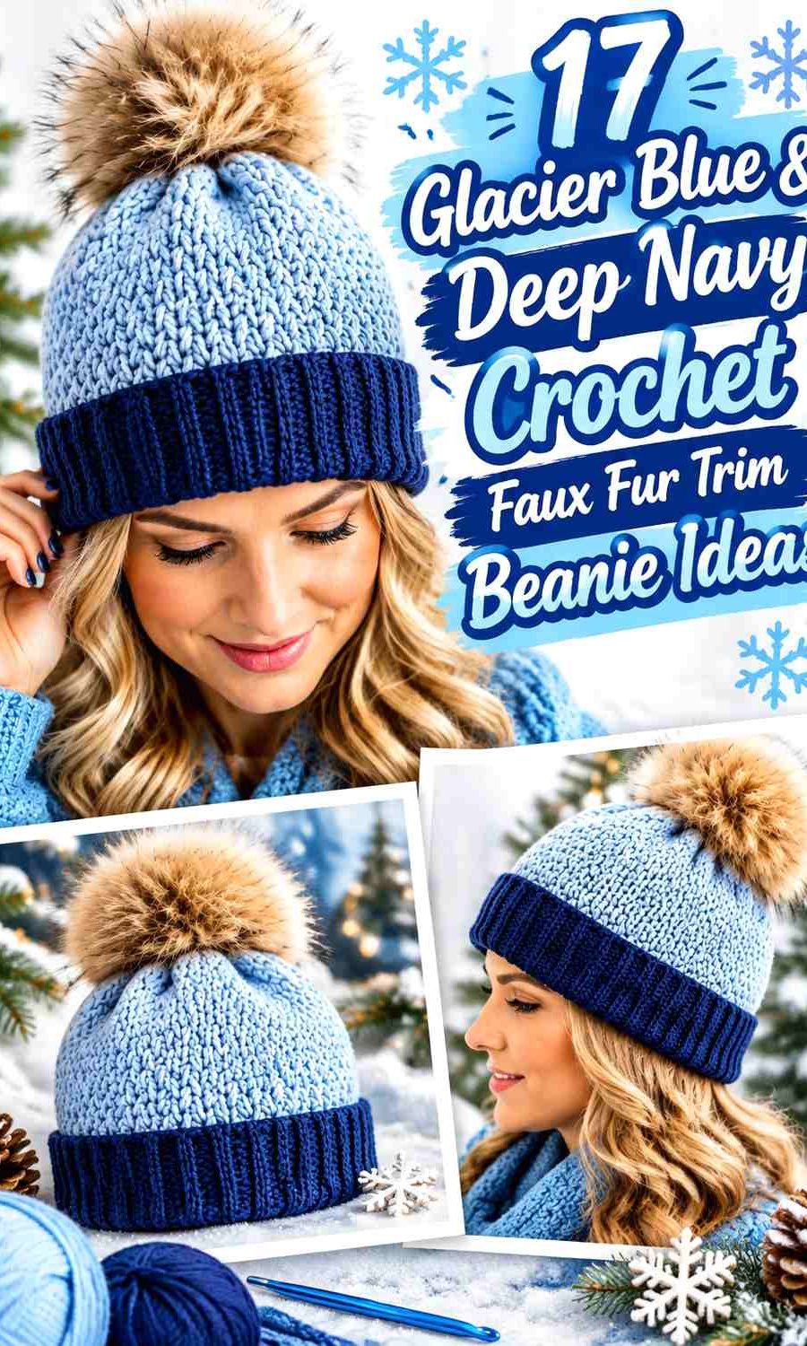 Glacier Blue & Deep Navy Crochet Faux Fur Trim Beanie Ideas