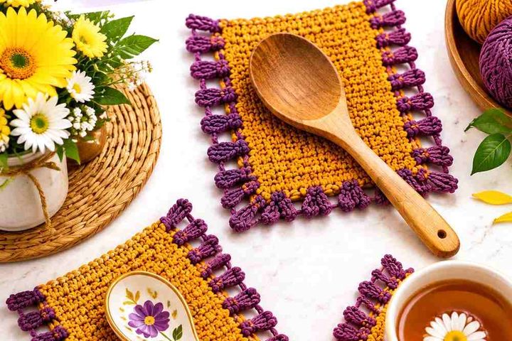Golden Ochre & Aubergine Mist Crochet Spoon Rest Mat Ideas