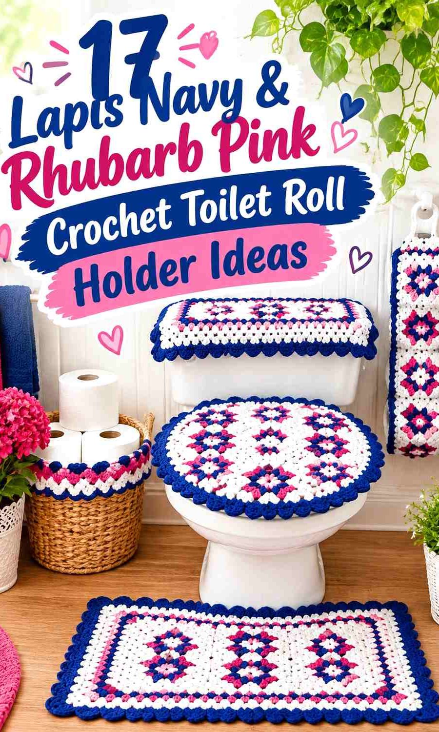 Lapis Navy Crochet Toilet Roll Cover With Rhubarb Pink Ruffle
