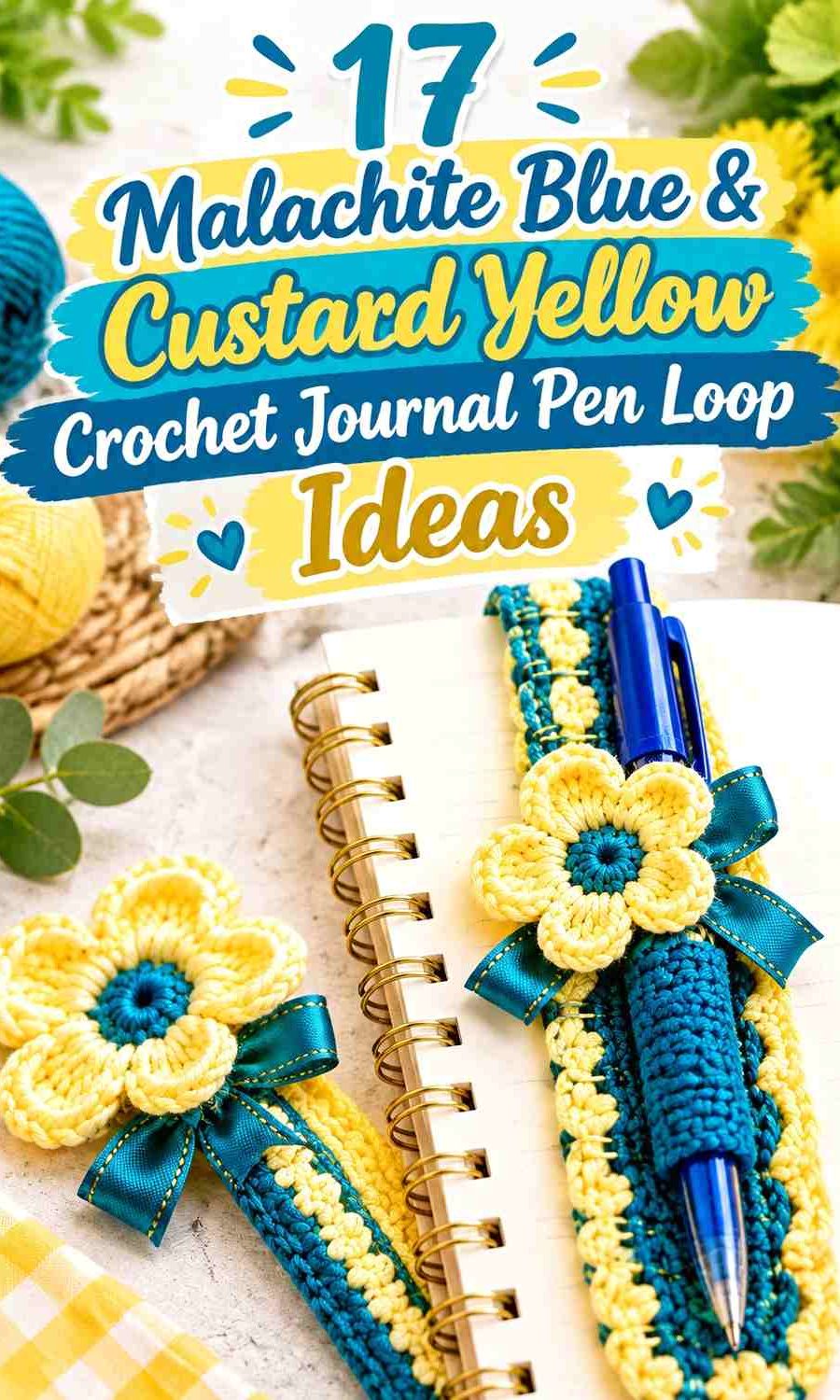 Malachite Blue & Custard Yellow Crochet Journal Pen Loop Ideas
