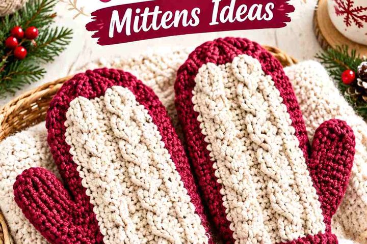 Mulberry Red & Soft Beige Crochet Cable Stitch Mittens Ideas