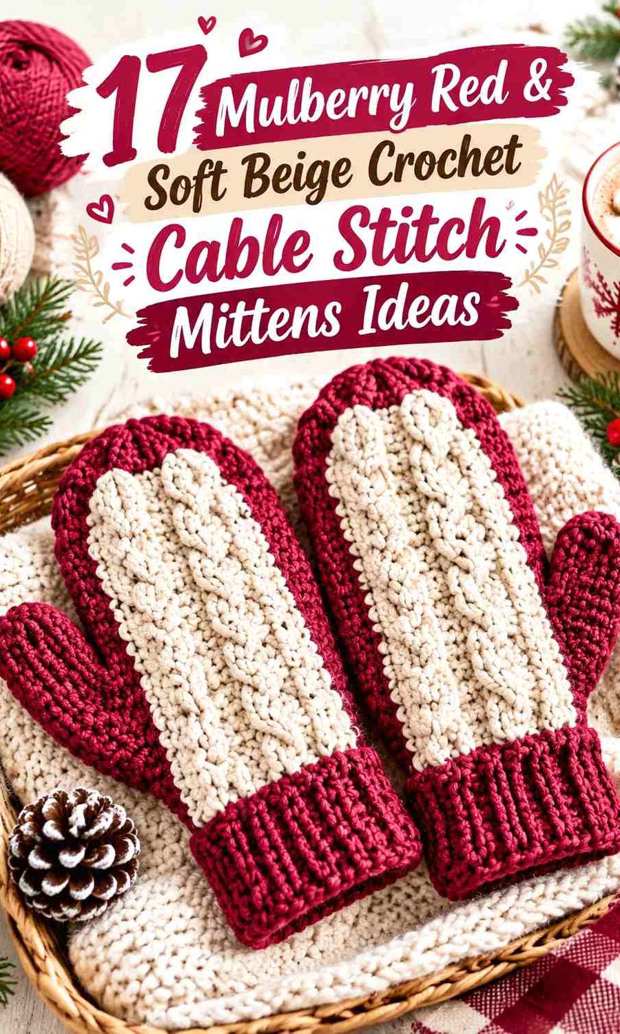 Mulberry Red & Soft Beige Crochet Cable Stitch Mittens Ideas