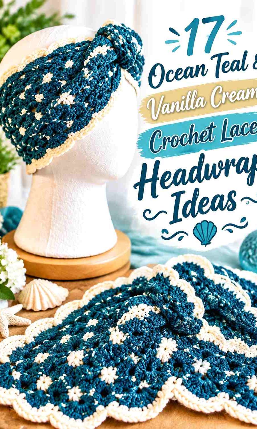 Ocean Teal & Vanilla Cream Crochet Lace Headwrap Ideas