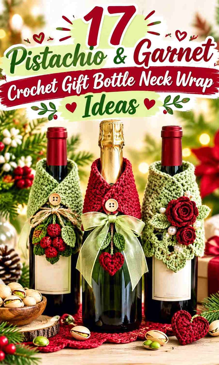 17 Pistachio & Garnet Crochet Gift Bottle Neck Wrap Ideas