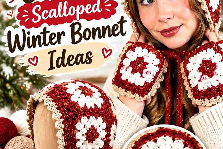 Ruby Red & Soft Fawn Crochet Scalloped Winter Bonnet Ideas