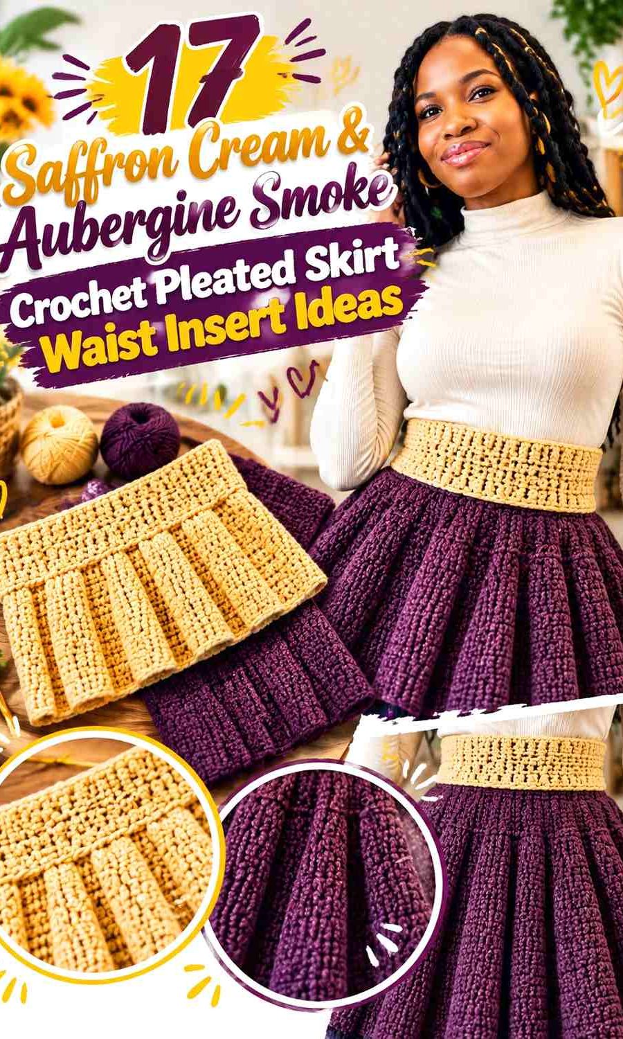 Saffron Cream & Aubergine Smoke Crochet Pleated Skirt Waist Insert Ideas
