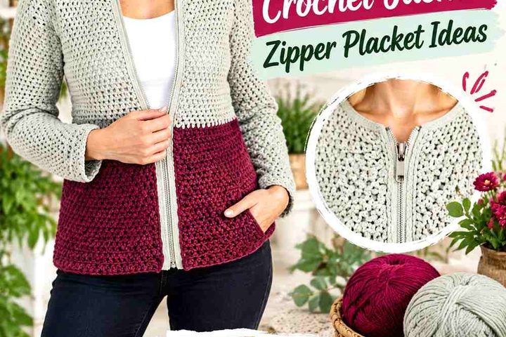 Sangria Berry & Celadon Cream Crochet Jacket Zipper Placket Ideas