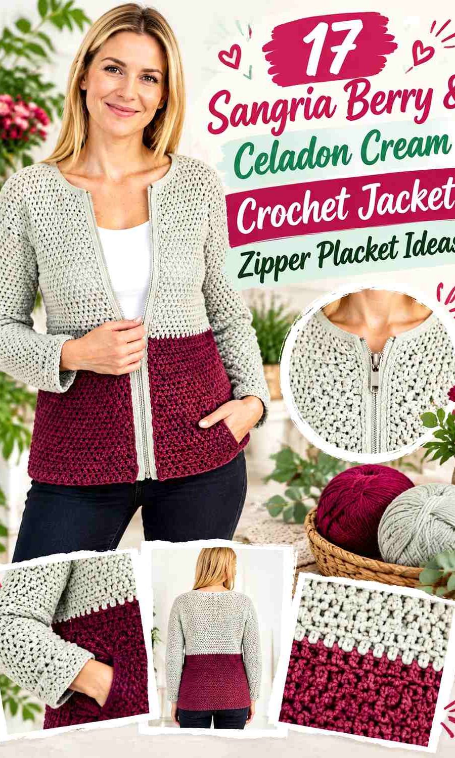 Sangria Berry & Celadon Cream Crochet Jacket Zipper Placket Ideas