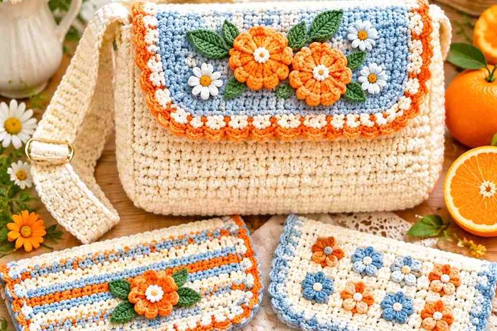 Satsuma Orange & Delft Mist Crochet Messenger Bag Flap Insert Ideas