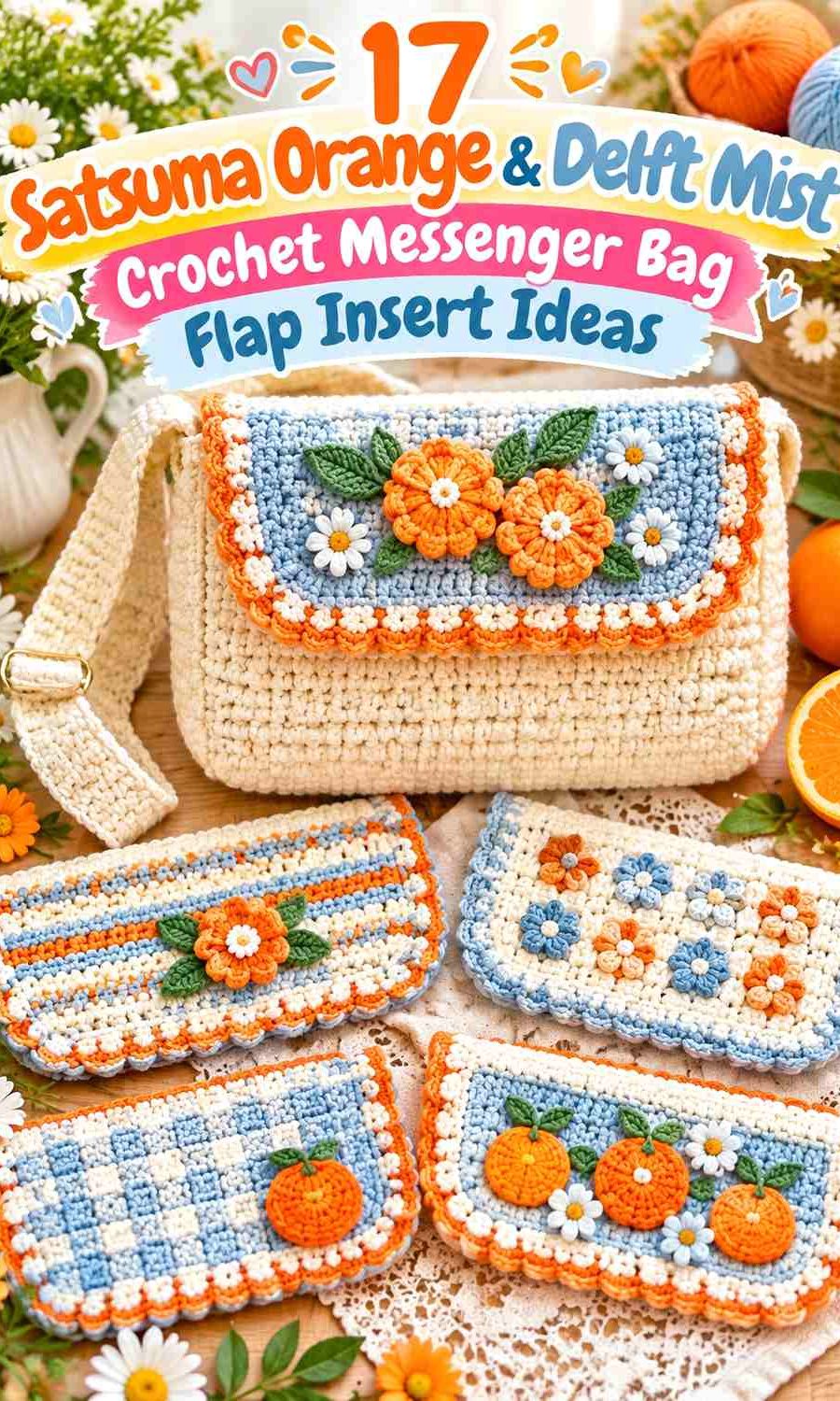 Satsuma Orange & Delft Mist Crochet Messenger Bag Flap Insert Ideas