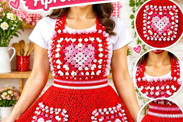 Tomato Red & Powder Pink Crochet Heart Pocket Apron Ideas