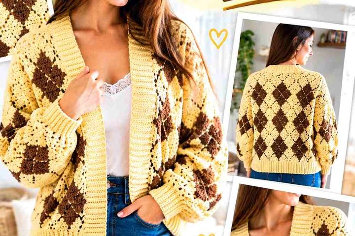 Butter Yellow & Cocoa Brown Crochet Argyle Cardigan Ideas