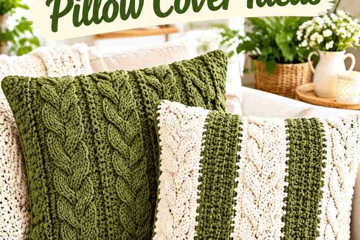 18 Olive & Cream Crochet Cable Pillow Cover Ideas