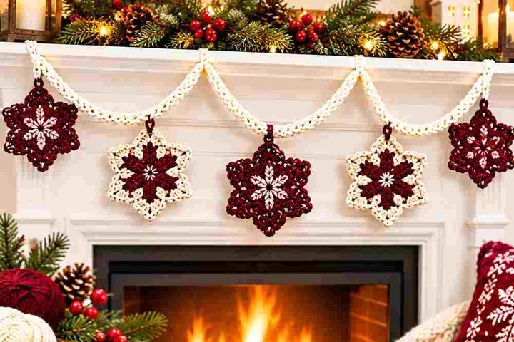 19 Burgundy & Cream Crochet Fireplace Mantel Garland Ideas