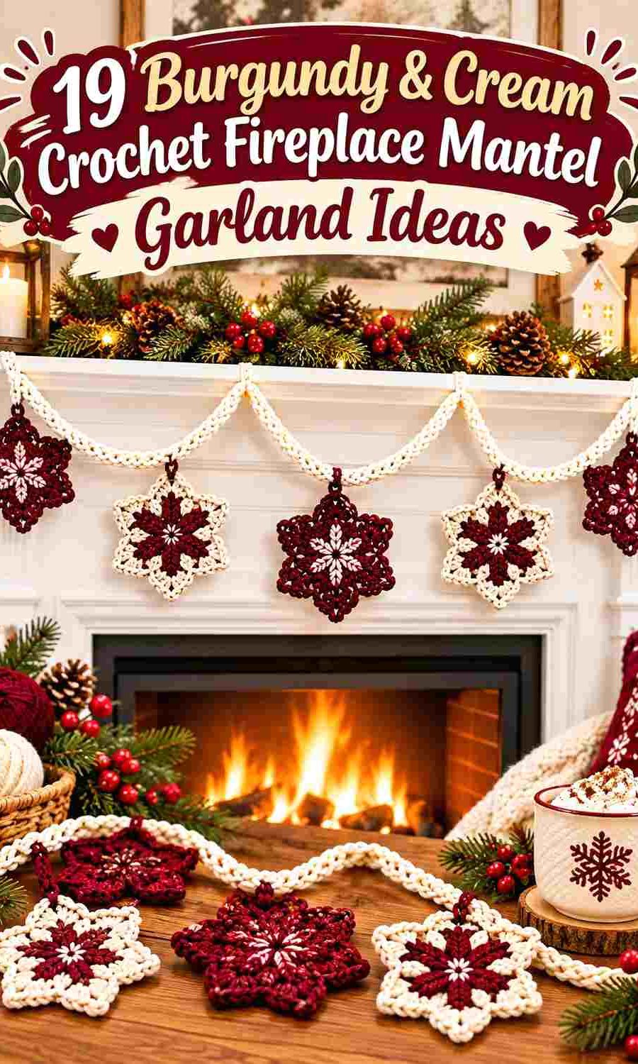 19 Burgundy & Cream Crochet Fireplace Mantel Garland Ideas