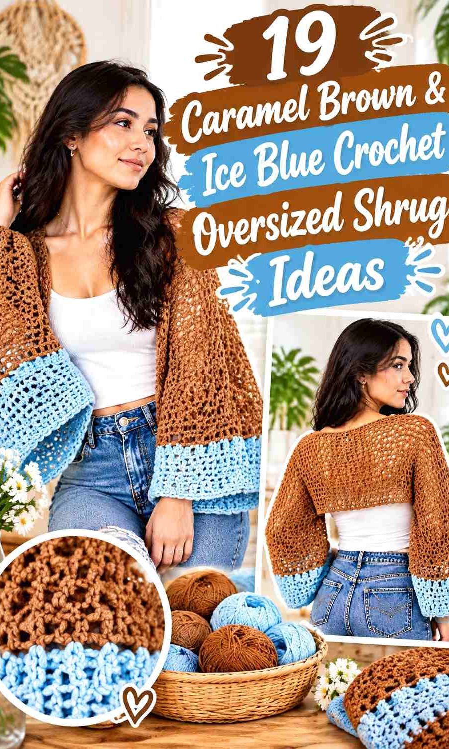 Caramel Brown & Ice Blue Crochet Oversized Shrug Ideas