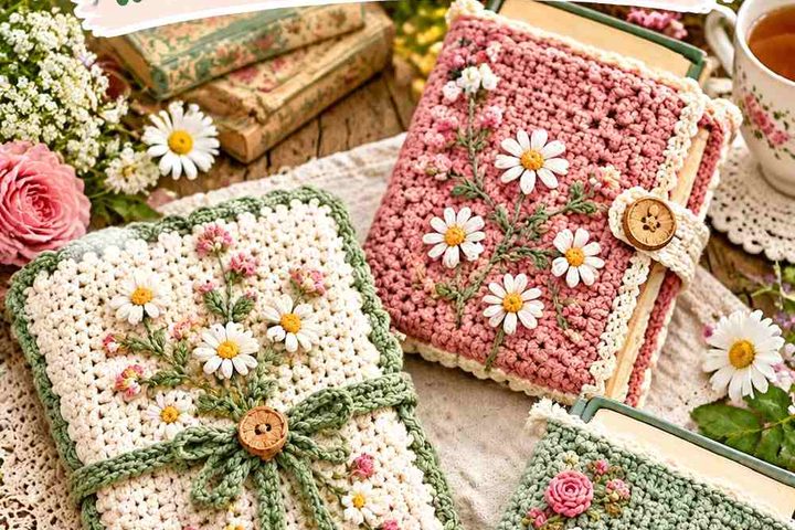 Crochet Cottagecore Book Sleeve Ideas with Embroidered Flowers