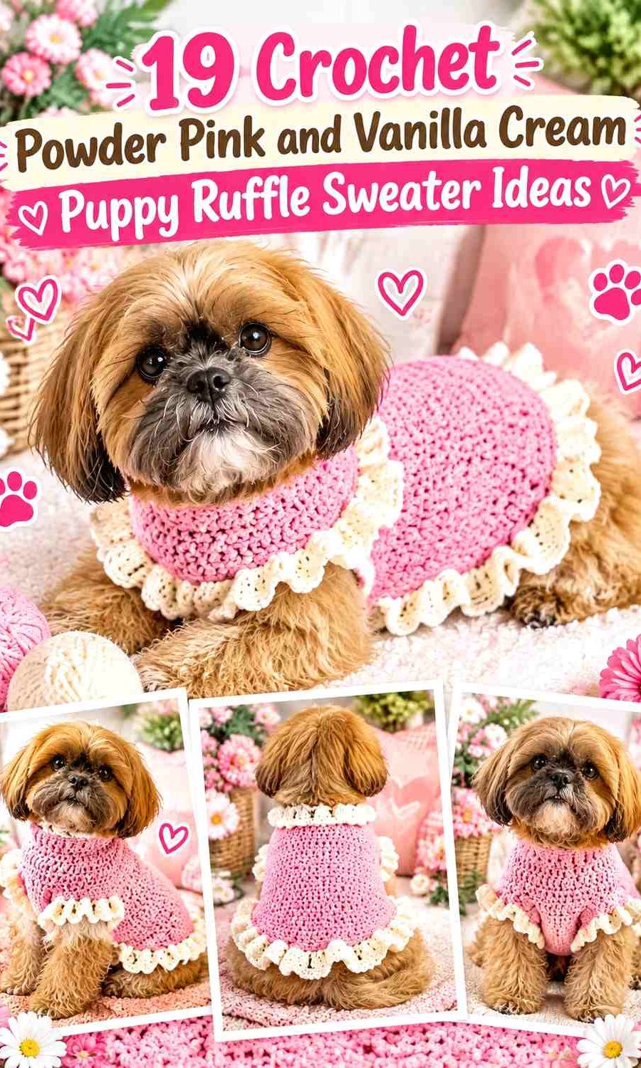 Crochet Powder Pink and Vanilla Cream Puppy Ruffle Sweater Ideas