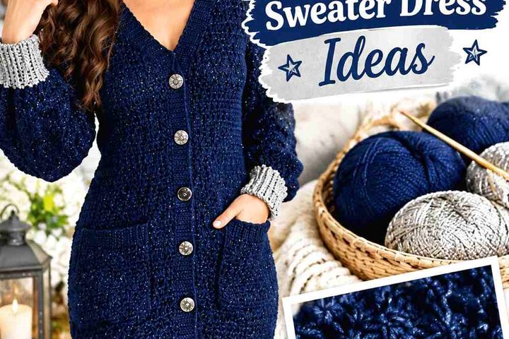 Midnight Blue & Silver Crochet Star Stitch Sweater Dress Ideas
