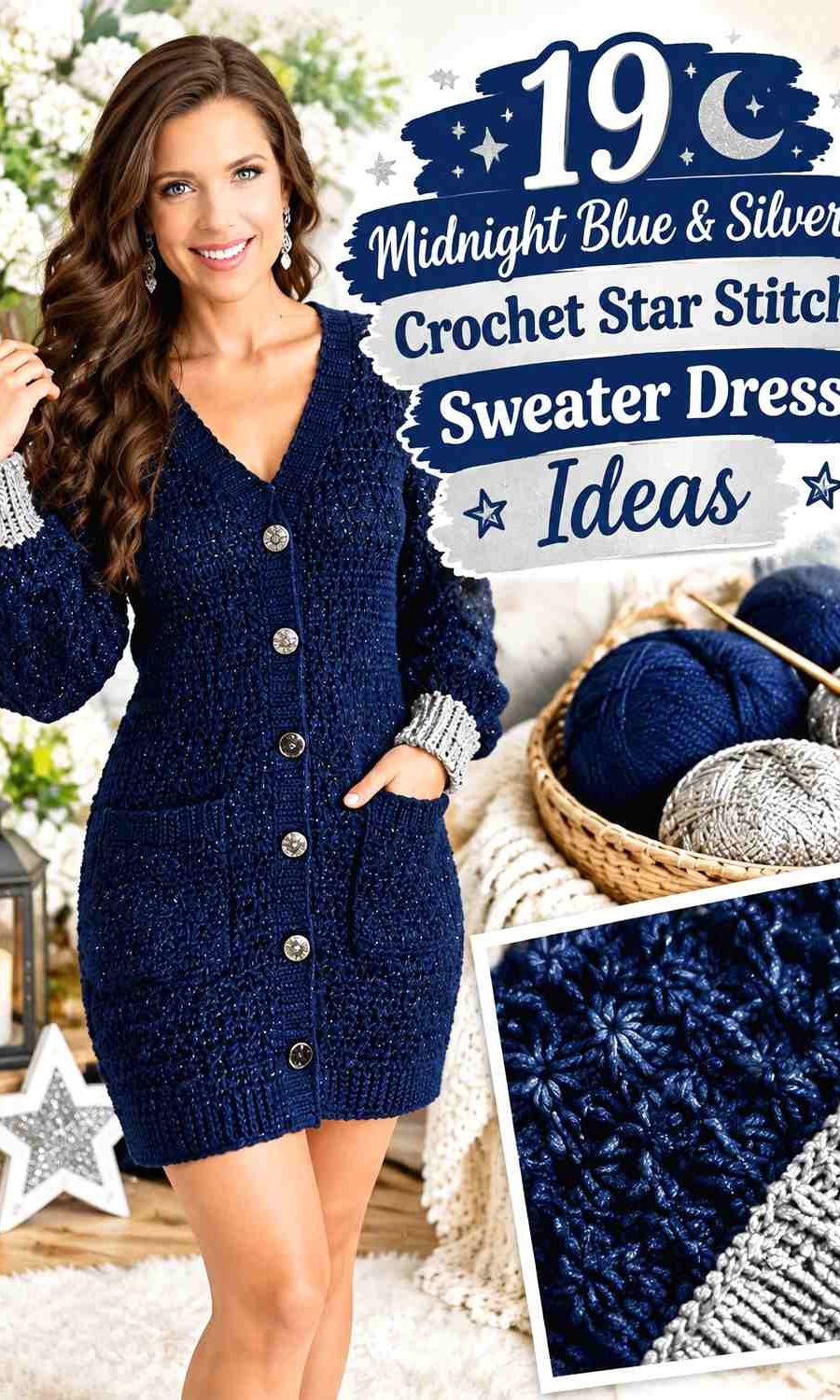 Midnight Blue & Silver Crochet Star Stitch Sweater Dress Ideas