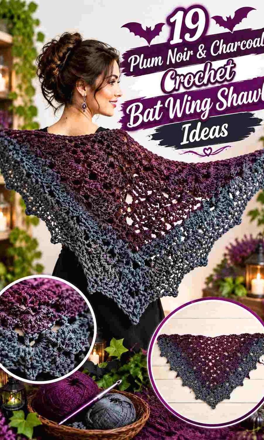 19 Plum Noir & Charcoal Crochet Bat Wing Shawl Ideas