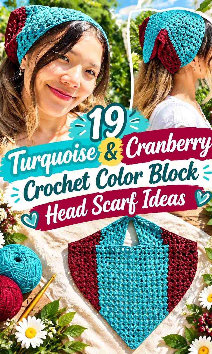 19 Turquoise & Cranberry Crochet Color Block Head Scarf Ideas